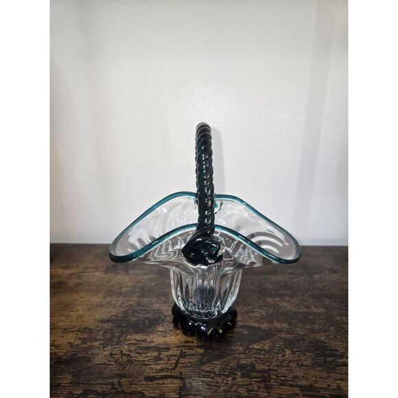 Vintage Clear & Turquoise Hand Blown Optic Glass Basket Applied Rope Handle - Picture 9 of 15